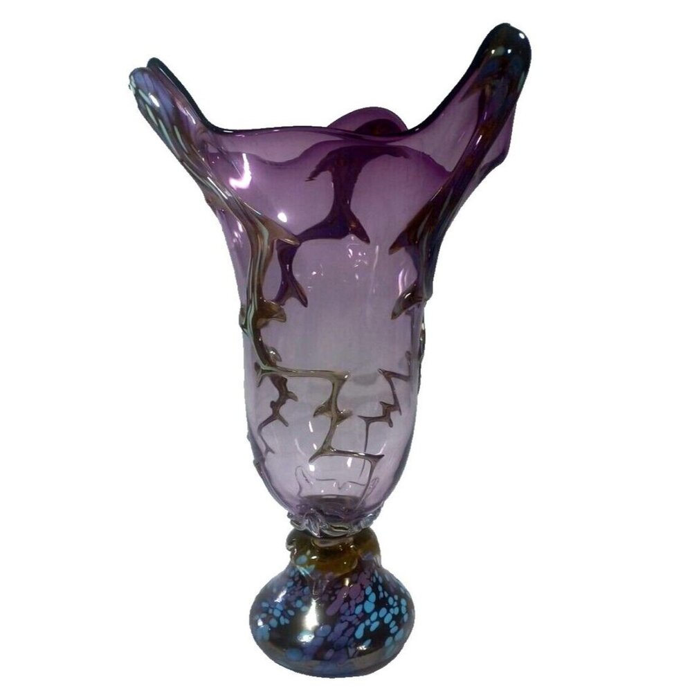 Unique 13 X 7.5  Purple Art Deco Murano Vines Confetti Centerpiece Vase Vintage - Picture 13 of 16